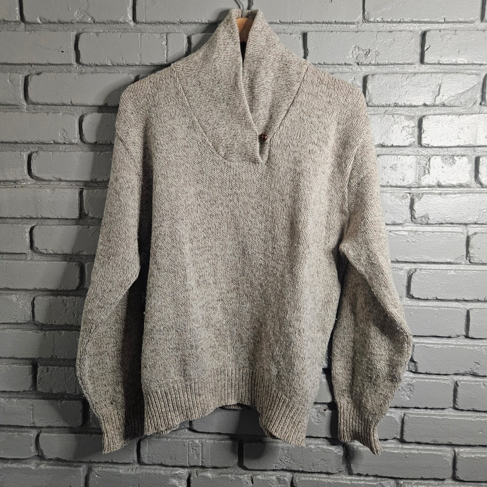 LL Bean Vintage Wool Shawl Collar Sweater Womens XL Oatmeal Tan USA 4669